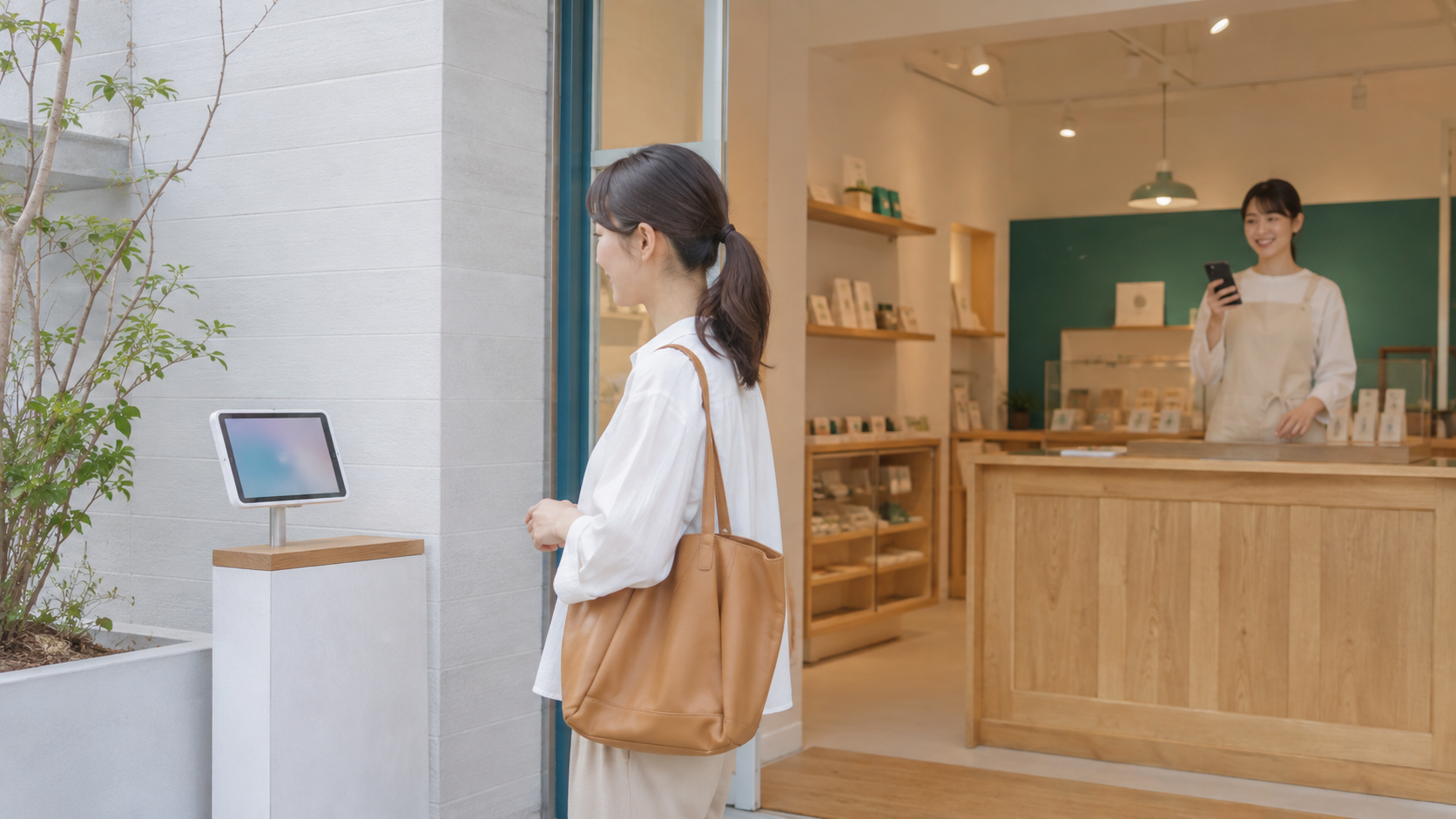 店舗入口に設置した受付タブレット